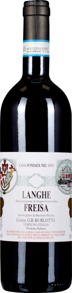 Dunkle Weinflasche mit elegantem, traditionsreichem Etikett und blauer Banderole.