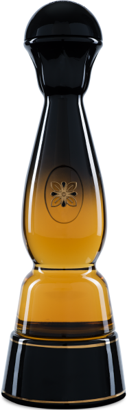 Flasche mit elegantem Design, schwarz-goldener Farbverlauf, abgerundete Form mit detailliertem Emblem, stehender Verschluss.