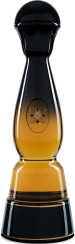 Flasche mit elegantem Design, schwarz-goldener Farbverlauf, abgerundete Form mit detailliertem Emblem, stehender Verschluss.