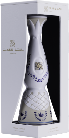 Weiße keramische Flasche mit blauen Verzierungen in luxuriöser Geschenkverpackung.