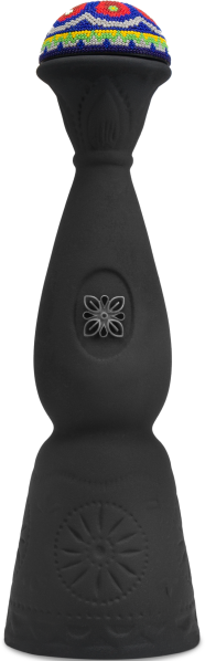 Schwarze, elegant gewölbte Flasche mit mattem Finish und floralem Muster. Der Verschluss ist mit auffällig bunten Perlen verziert, die ein farbenfrohes, traditionelles Muster bilden.