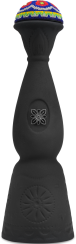 Schwarze, elegant gewölbte Flasche mit mattem Finish und floralem Muster. Der Verschluss ist mit auffällig bunten Perlen verziert, die ein farbenfrohes, traditionelles Muster bilden.