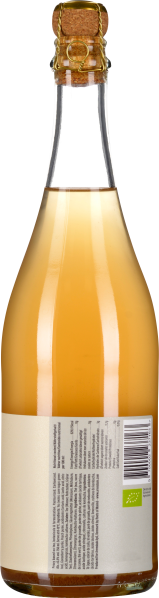 Klarglasflasche mit Korkverschluss, gefüllt mit goldenem Getränk.