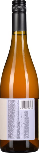 Braune Glasflasche mit schwarzem Schraubverschluss und weißem Etikett auf der Rückseite.