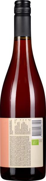 Braune Glasflasche mit schwarzem Schraubverschluss, beige-rosafarbenes Etikett mit Text.