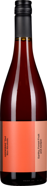 Eine dunkelrote Flasche mit schwarzem Schraubverschluss und einem orangefarbenen Etikett auf der Vorderseite.