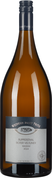 Braune Weinflasche mit silbernem Etikett und blauem Schraubverschluss.