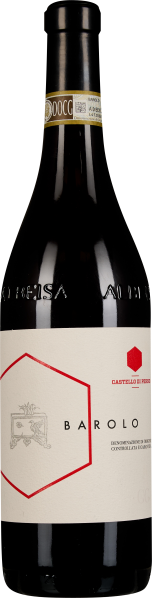 Weinflasche mit dunklem Glas und eleganter, cremefarbener Etikettierung. Eine rote sechseckige Linie und ein Wappen zieren das Etikett, zudem ein goldener Streifen am Flaschenhals.