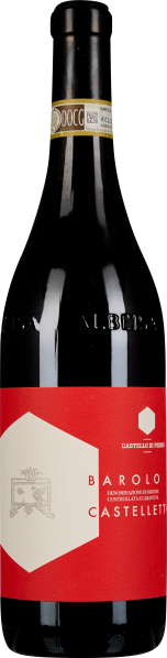 Eine Weinflasche mit schwarzem Glaskörper und hellrotem Etikett. Die Flasche hat einen langen Hals, und das goldene Siegel unterhalb des Korkens hebt sich ab. Das Etikett zeigt ein minimalistisches Design mit einem weißen Wappen auf der linken Seite.