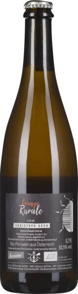 Braune Weinflasche mit schwarzem Etikett und silbernem Kronkorken.