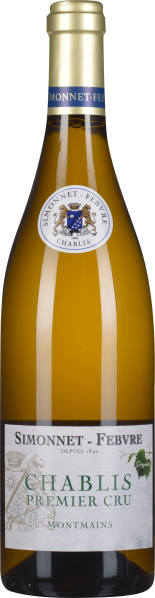 Eine elegante Weinflasche mit golden-gelbem Weißwein, ausgestattet mit einem goldfarbenen Verschluss und einem Etikett, das dezente grüne und blaue Elemente enthält.