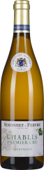 Eine elegante Weinflasche mit golden-gelbem Weißwein, ausgestattet mit einem goldfarbenen Verschluss und einem Etikett, das dezente grüne und blaue Elemente enthält.