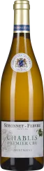 Eine elegante Weinflasche mit golden-gelbem Weißwein, ausgestattet mit einem goldfarbenen Verschluss und einem Etikett, das dezente grüne und blaue Elemente enthält.