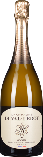 Flasche Champagner mit goldener Folie am Hals, durchsichtigem Glas und blassgelber Flüssigkeit. Abgerundetes Etikett mit elegantem Schriftzug.