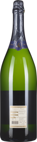 Grüne Champagner-Flasche mit silbernem Hals und blauer Banderole.