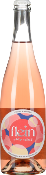 Alt-Text: Roséfarbene Getränkeflasche mit farbenfrohem Etikett in Rot-, Rosa- und Gelbtönen sowie einem metallischen Flaschenverschluss.
