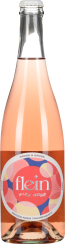 Alt-Text: Roséfarbene Getränkeflasche mit farbenfrohem Etikett in Rot-, Rosa- und Gelbtönen sowie einem metallischen Flaschenverschluss.