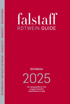 Rotes Buchcover mit dem Titel "Falstaff Rotwein Guide" in weißer und silberner Schrift, vertikale Leiste am linken Rand mit weißem Text auf grauem Hintergrund.