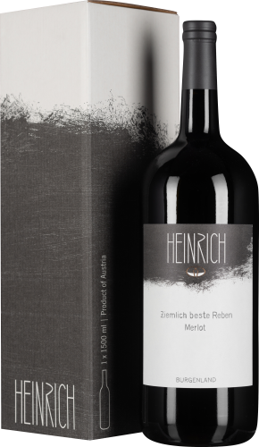 Schwarze Weinflasche mit grauer Verpackung, minimalistisches Design, weiße Etikette.