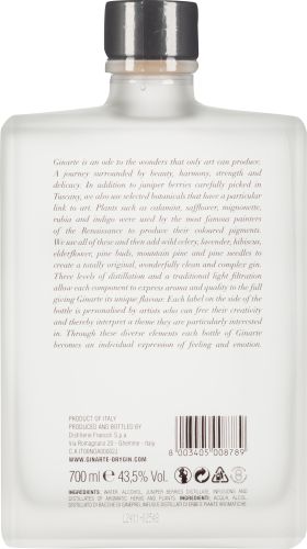 Flache, rechteckige Flasche mit schwarzem Verschluss und detailliertem Textetikett.