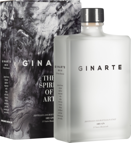 Klare, eckige Flasche mit schlichtem, modernem Design; metallischer Verschluss. Begleitet von dekorativer Box in Schwarz-Weiß mit Marmor-Effekt.