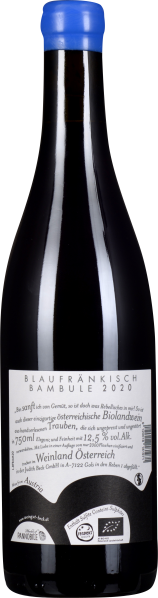 Dunkle Weinflasche mit blauem Verschluss und elegant gebogenem Flaschenhals.