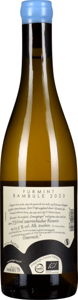 Weinflasche mit hellblauem Verschluss und detailliertem Etikett auf der Rückseite.