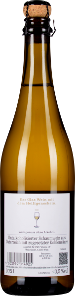 Braune Glasflasche mit Korkverschluss und Etikett auf der Rückseite.