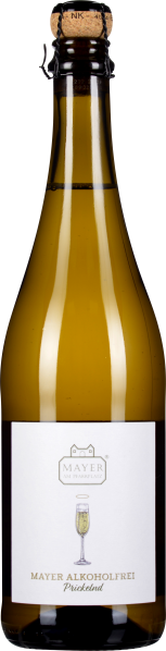 Schlanke, elegante Flasche mit dunklem Glas und Korkverschluss, verziert mit einem minimalistisch gestalteten Etikett, das ein Sektglas zeigt.