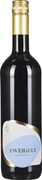 Dunkle Weinflasche mit einem goldenen Schraubverschluss und einem eleganten Etikett in Weiß und Blau mit goldenen Akzenten.