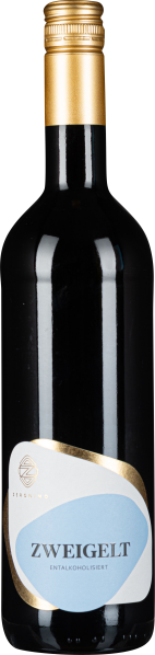 Dunkle Weinflasche mit goldfarbenem Schraubverschluss und blau-weißem Etikett.