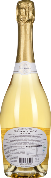 Flasche eines alkoholfreien Getränks mit goldener Kapsel und elegantem, hellgelbem Inhalt.