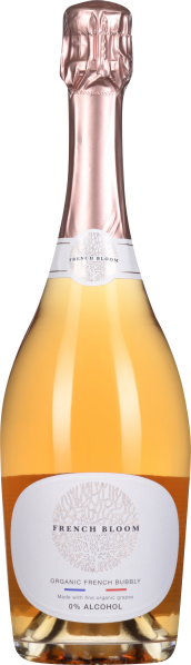 Die Flasche hat eine elegante, geschwungene Form mit einem glänzenden, roséfarbenen Verschluss. Der Inhalt ist klar und schimmernd, mit einem stilvollen, weißen Etikett, das eine feine grafische Verzierung trägt.