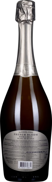 Flasche alkoholfreier Sekt mit silberner Folie und detailliertem Etikett.