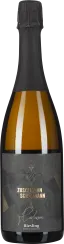 Braune Sektflasche mit eleganter schwarzer Beschriftung und dunklem Etikettendesign.