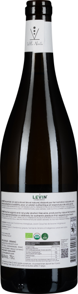 Dunkle Flasche mit weißem Etikett und minimalistischem Design.