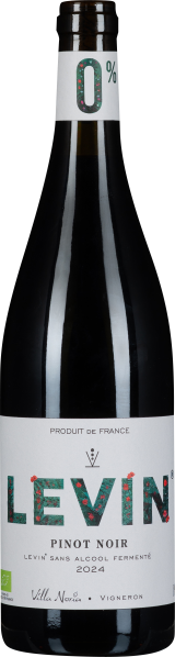 Schlanke Weinflasche mit weißem Etikett und floraler Schrift, 0% Alkohol.