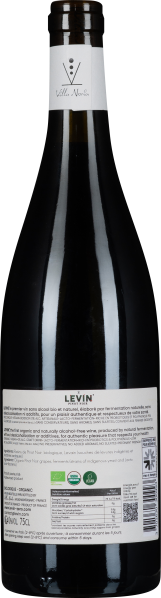 Dunkle Flasche mit weißem Etikett und detaillierten Informationen auf der Rückseite.