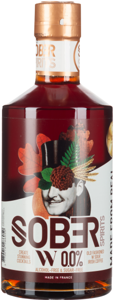 Braune Glasflasche mit Kupferkappe und farbenfrohem Etikett mit Vintage-Design.