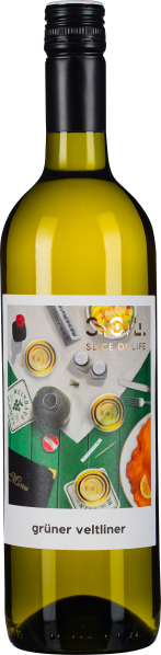 Weißweinflasche mit modernem, buntem Etikett und schwarzem Schraubverschluss.