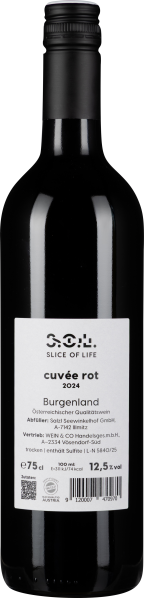 Schwarze Weinflasche mit weißem Etikett, schlichtes Design, silberner Schraubverschluss.