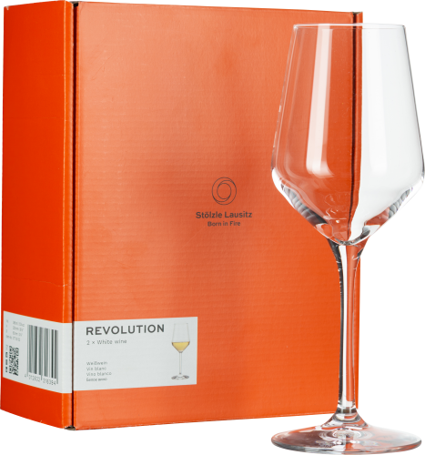 Weinglas vor orangefarbener Verpackung mit elegantem, schlankem Design.