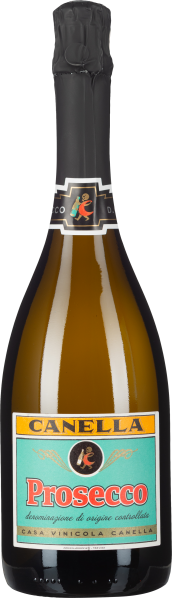Schlichte Prosecco-Flasche mit schwarzem Hals und farbenfrohem Etikett.