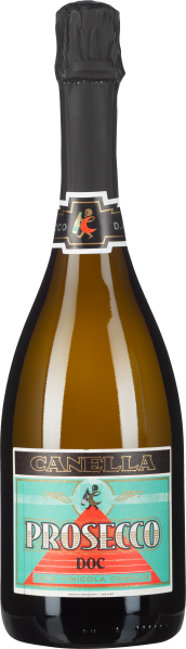 Schwarze Flasche mit goldfarbenem Etikett und türkis-rotem Prosecco-Schriftzug.