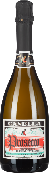 Dunkle Prosecco-Flasche mit schwarzem Hals und auffälligem, farbigem Etikett.