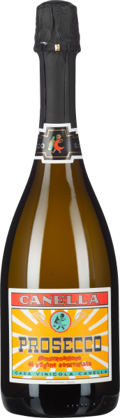 Braune Sektflasche mit schwarzem Hals und farbigem Etikett.