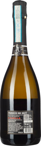 Dunkle Weinflasche mit schillerndem Glas und Etiketten auf Vorder- und Rückseite.