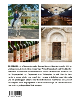 Vier Bilder: Mann auf Pferd vor Villa, Weinkeller, Weinflaschen, verziertes Steintor.