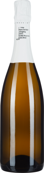 Braune Sektflasche mit weißer Kapsel und minimalistischem Etikettendesign.