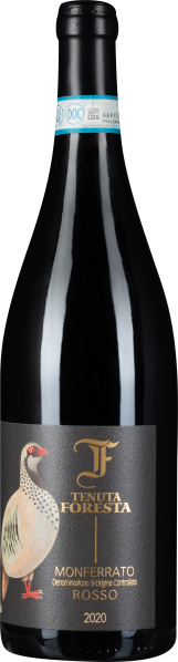 Dunkle Weinflasche mit schwarzem Etikett, darauf ein Vogel-Design.